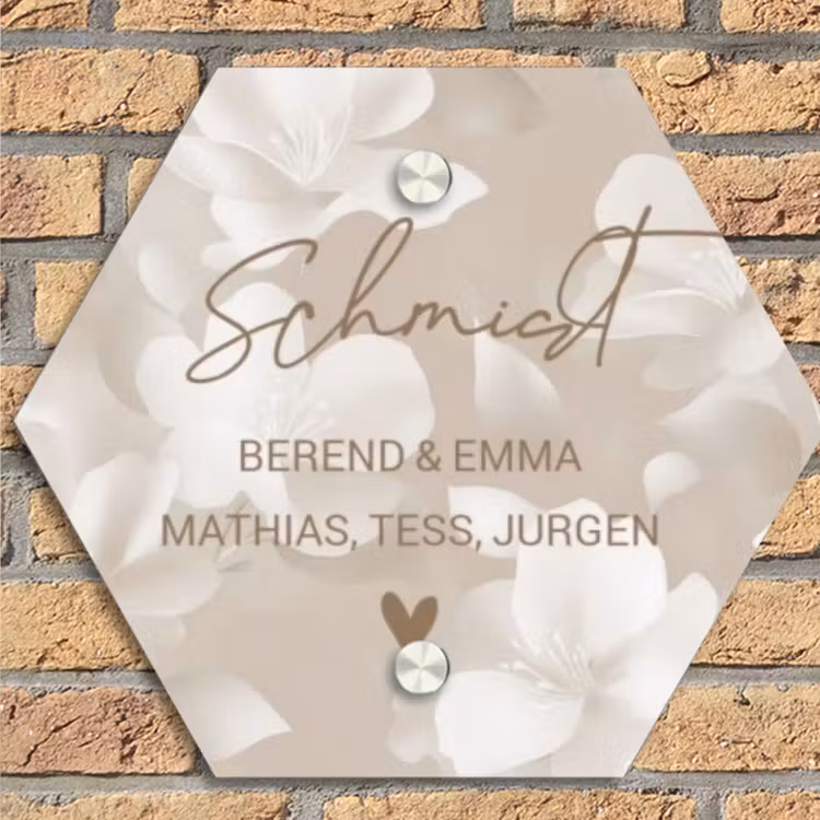 Beigefarbene Blumen - Elegant Naambord Hexagon klein -sfeer1