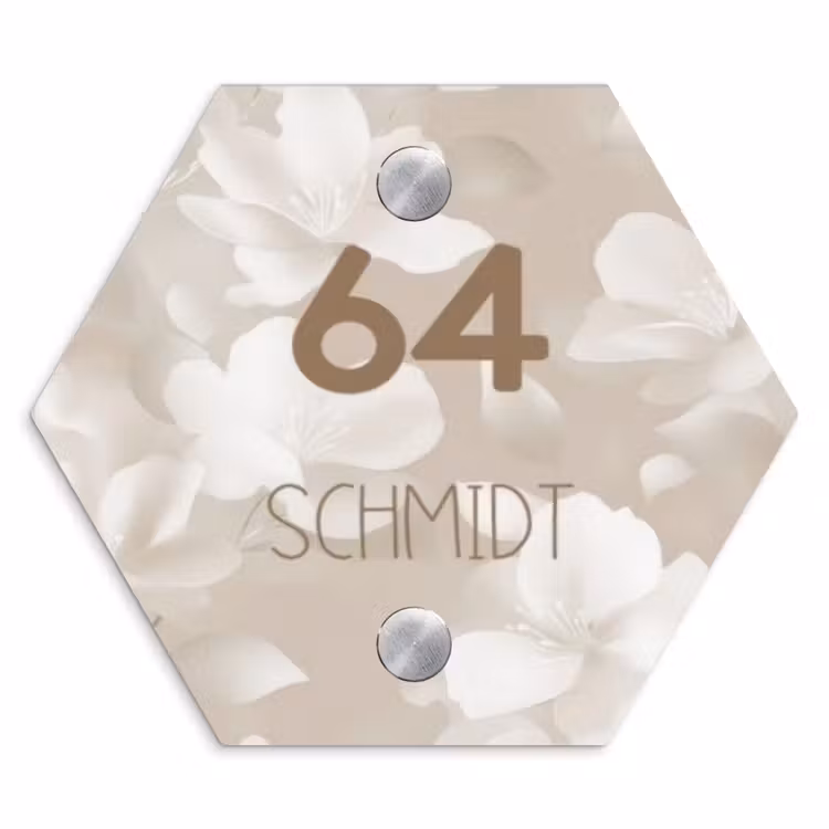 Beigefarbene Blumen - Modern Naambord Hexagon klein -3d