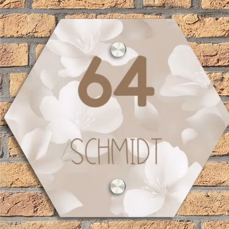 Beigefarbene Blumen - Modern Naambord Hexagon klein -sfeer1