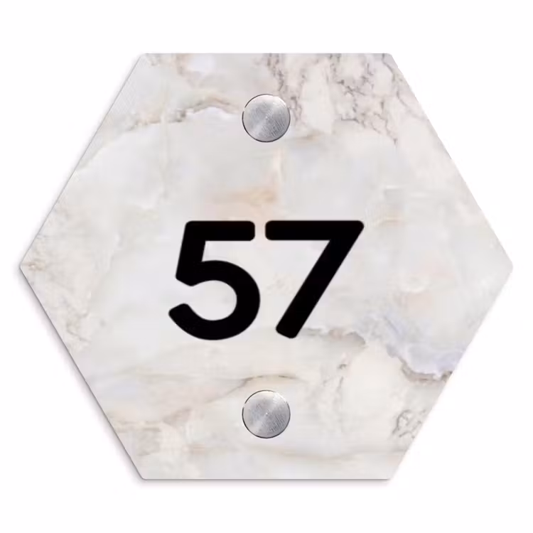 Beige marmer - Modern Naambord Hexagon klein -3d