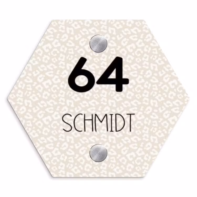 Beige panterprint - Modern Naambord Hexagon klein -3d