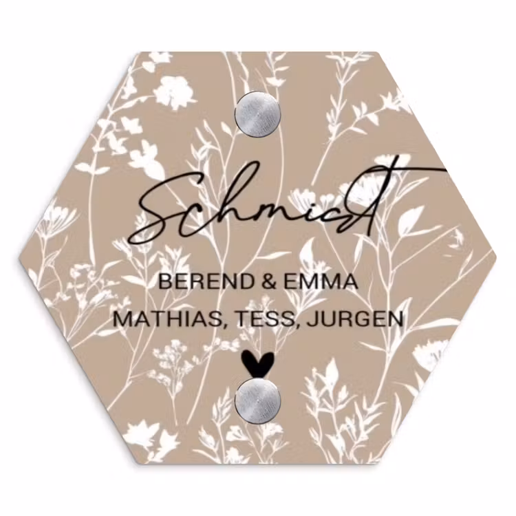 Beiges Blumenmuster - Elegant Naambord Hexagon klein -3d