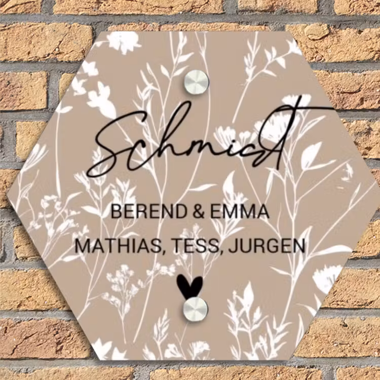 Beiges Blumenmuster - Elegant Naambord Hexagon klein -sfeer1