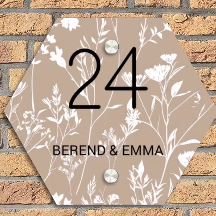 Beiges Blumenmuster - Klassisch Naambord Hexagon klein -sfeer1