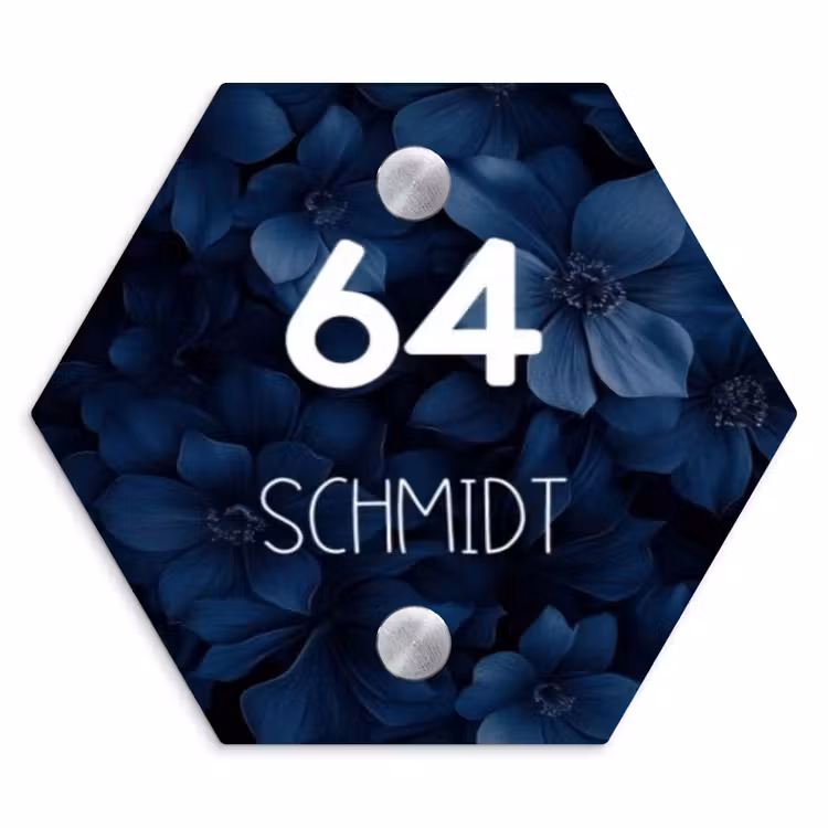 Blauwe bloemen - Modern Naambord Hexagon klein -3d