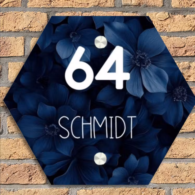 Blauwe bloemen - Modern Naambord Hexagon klein -sfeer1