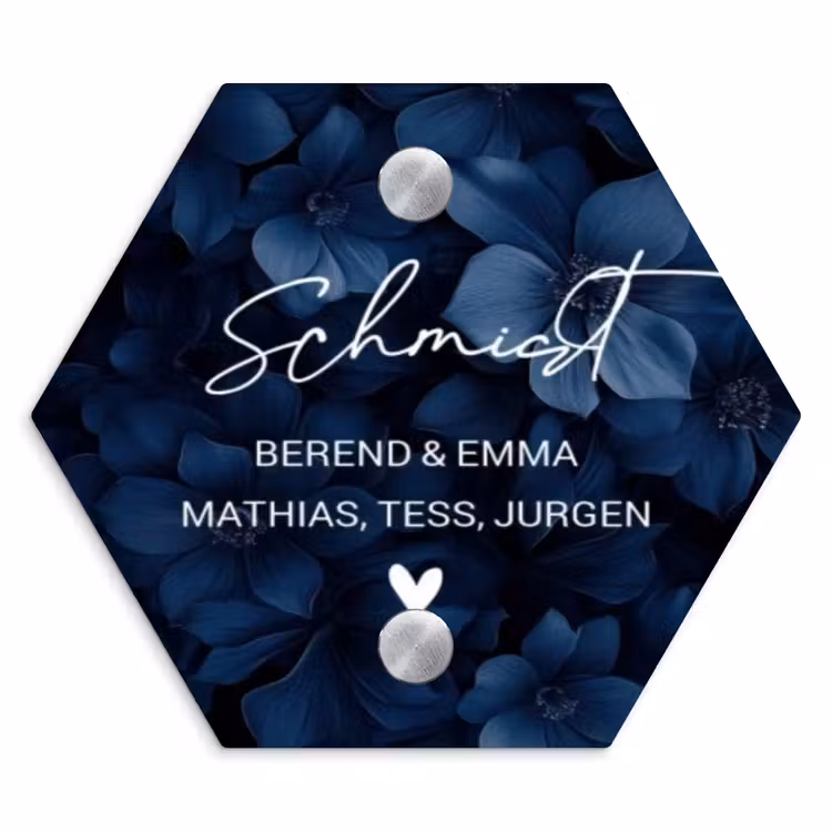 Blauwe bloemen - Sierlijk Naambord Hexagon klein -3d