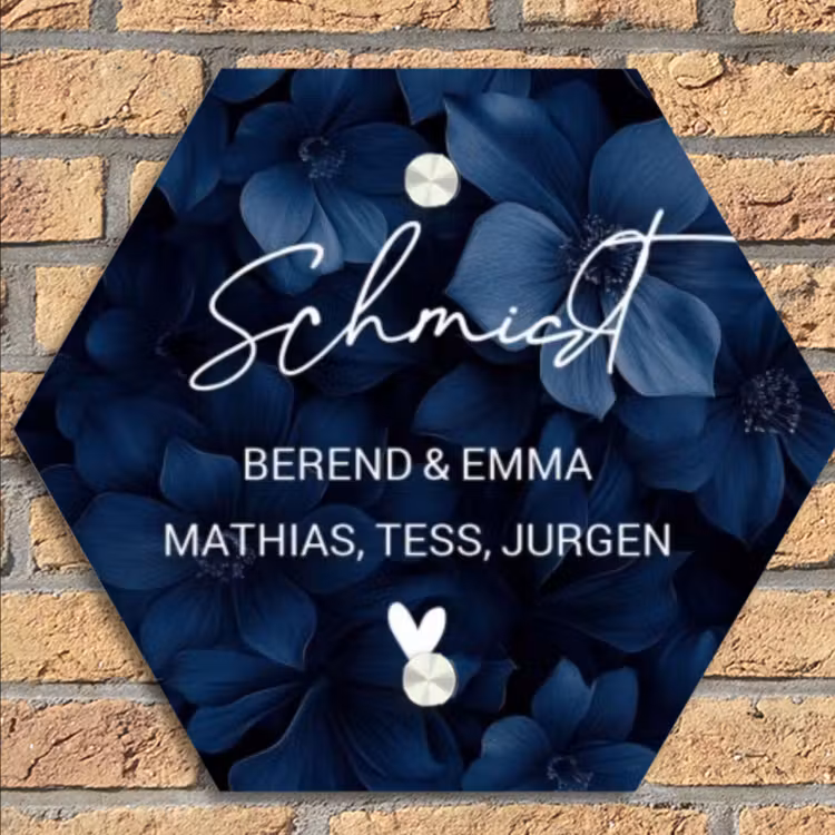 Blauwe bloemen - Sierlijk Naambord Hexagon klein -sfeer1