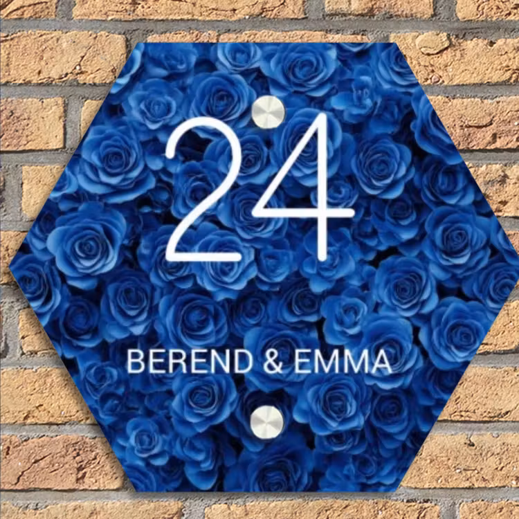 Blauwe rozen - Klassiek Naambord Hexagon klein -sfeer1