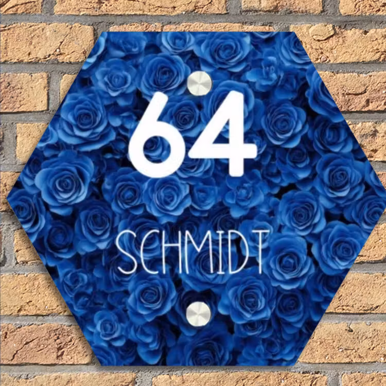 Blauwe rozen - Modern Naambord Hexagon klein -sfeer1