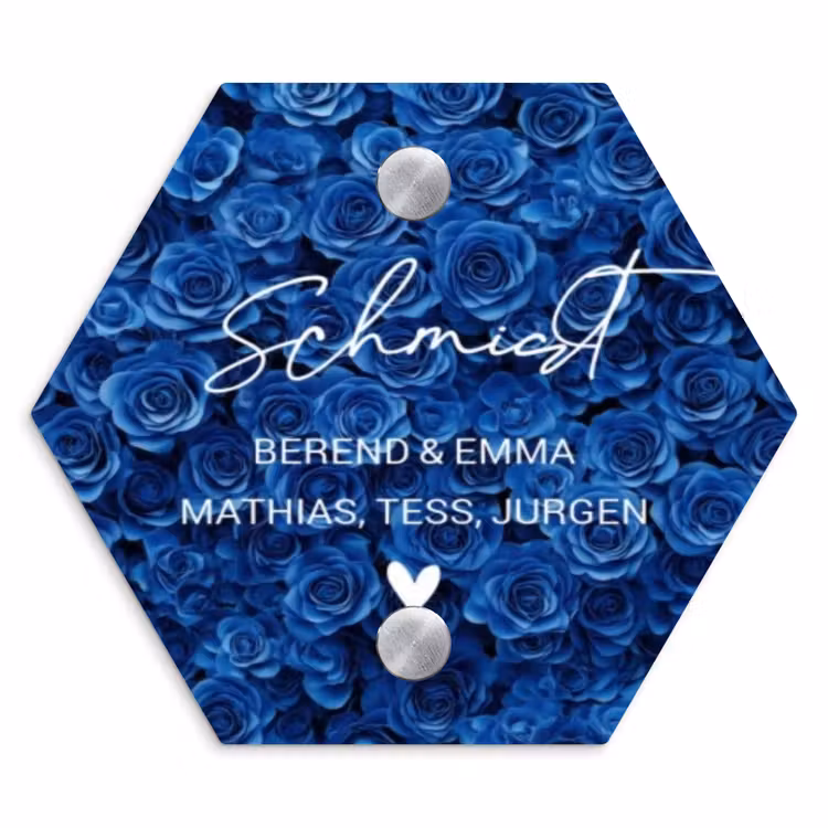 Blauwe rozen - Sierlijk Naambord Hexagon klein -3d