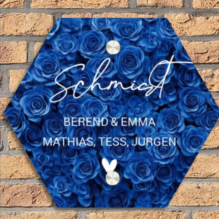 Blauwe rozen - Sierlijk Naambord Hexagon klein -sfeer1