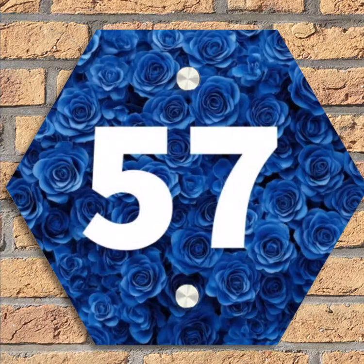 Blauwe rozen - Traditioneel Naambord Hexagon klein -sfeer1