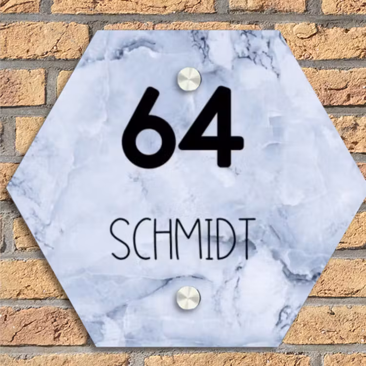 Blauw marmer - Modern Naambord Hexagon klein -sfeer1