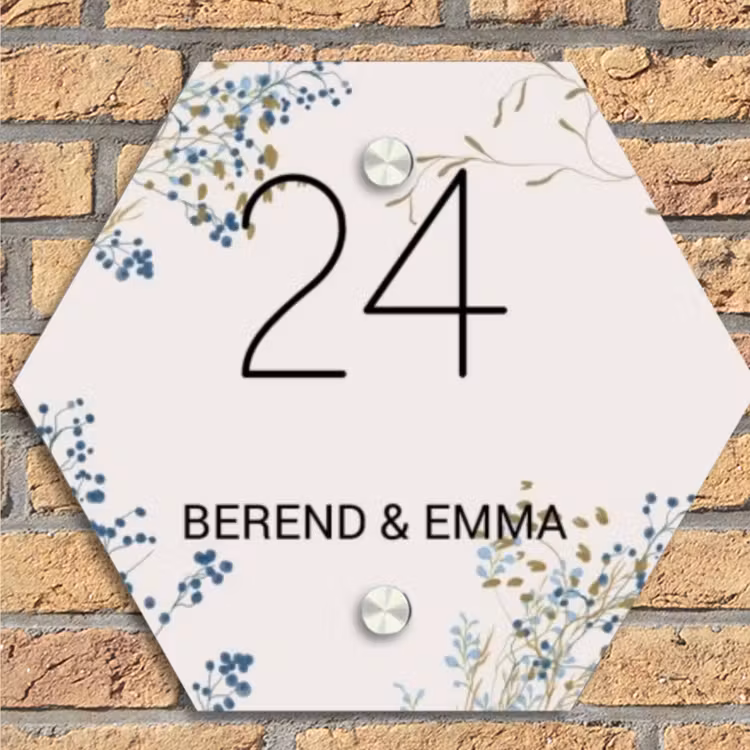 Bloemen - Beige - Klassiek Naambord Hexagon klein -sfeer1