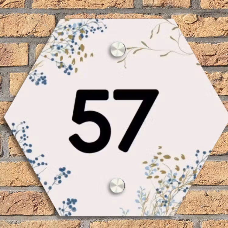 Bloemen - Beige - Traditioneel Naambord Hexagon klein -sfeer1
