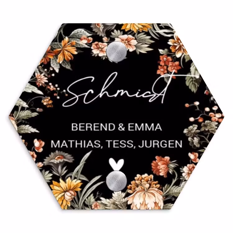 Bloemen - Zwart - Sierlijk Naambord Hexagon klein -3d