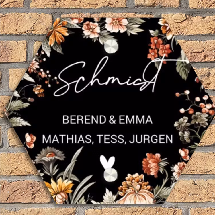 Bloemen - Zwart - Sierlijk Naambord Hexagon klein -sfeer1