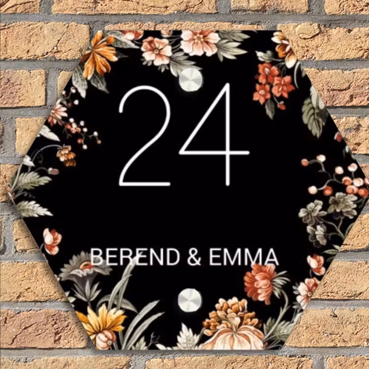 Bloemen - Zwart - Klassiek Naambord Hexagon klein -sfeer1