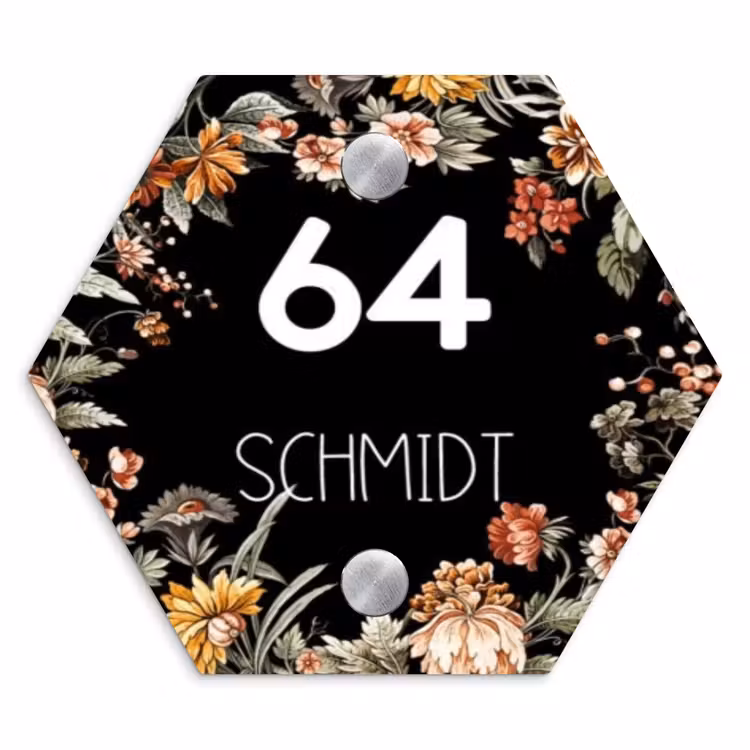 Bloemen - Zwart - Modern Naambord Hexagon klein -3d