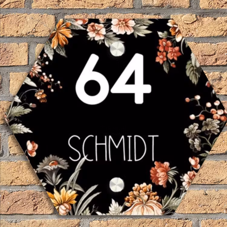 Bloemen - Zwart - Modern Naambord Hexagon klein -sfeer1