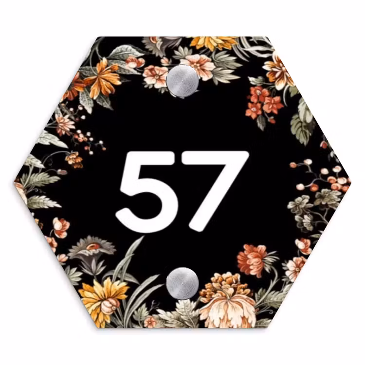 Bloemen - Zwart - Traditioneel Naambord Hexagon klein -3d