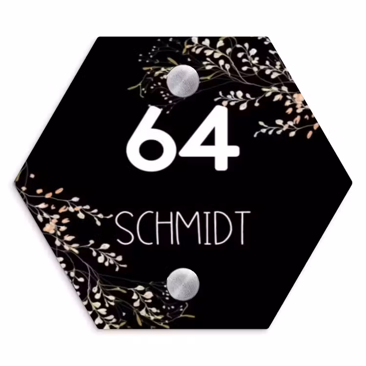 Botanisch - Zwart - Modern Naambord Hexagon klein -3d