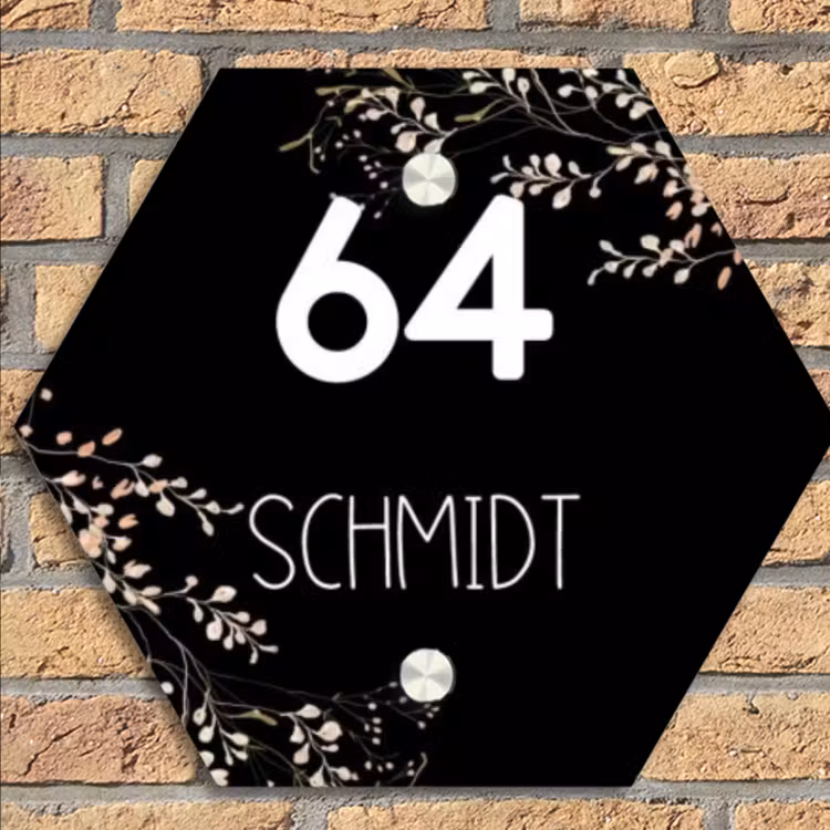 Botanisch - Zwart - Modern Naambord Hexagon klein -sfeer1