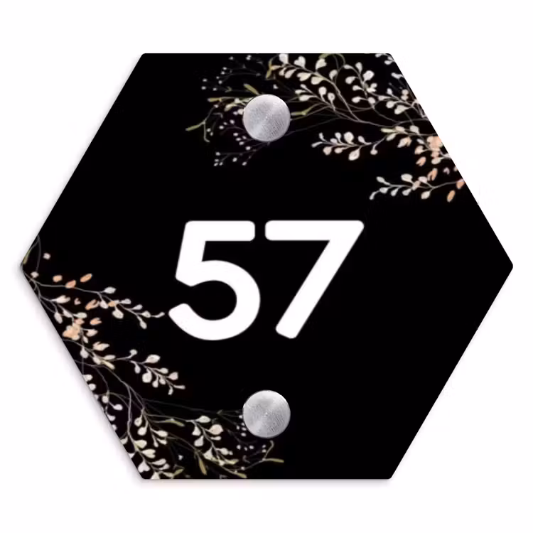 Botanisch - Zwart - Traditioneel Naambord Hexagon klein -3d