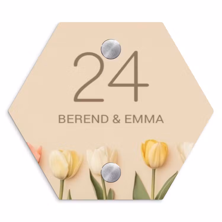 Gekleurde tulpen beige achtergrond - Klassiek Naambord Hexagon klein -3d
