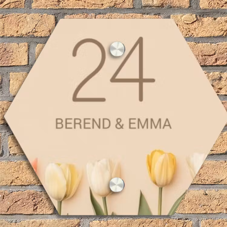 Gekleurde tulpen beige achtergrond - Klassiek Naambord Hexagon klein -sfeer1