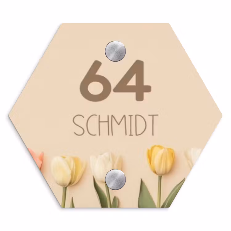 Gekleurde tulpen beige achtergrond - Modern Naambord Hexagon klein -3d