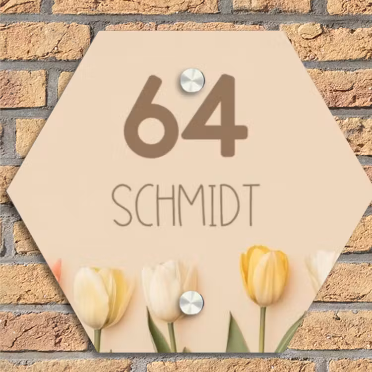 Gekleurde tulpen beige achtergrond - Modern Naambord Hexagon klein -sfeer1