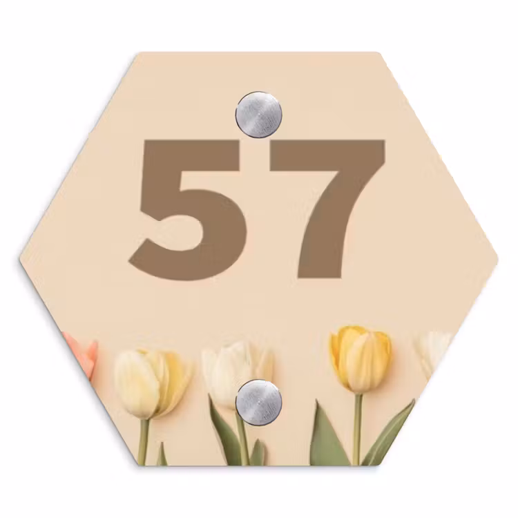 Gekleurde tulpen beige achtergrond - Traditioneel Naambord Hexagon klein -3d
