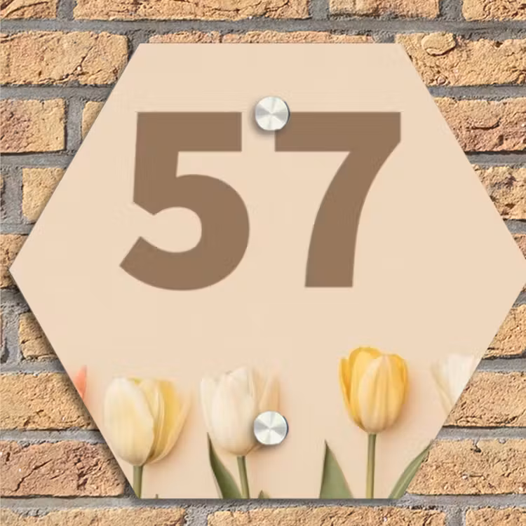 Gekleurde tulpen beige achtergrond - Traditioneel Naambord Hexagon klein -sfeer1