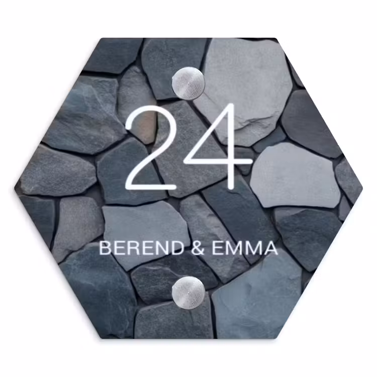 Donkergrijze stenen - Klassiek Naambord Hexagon klein -3d