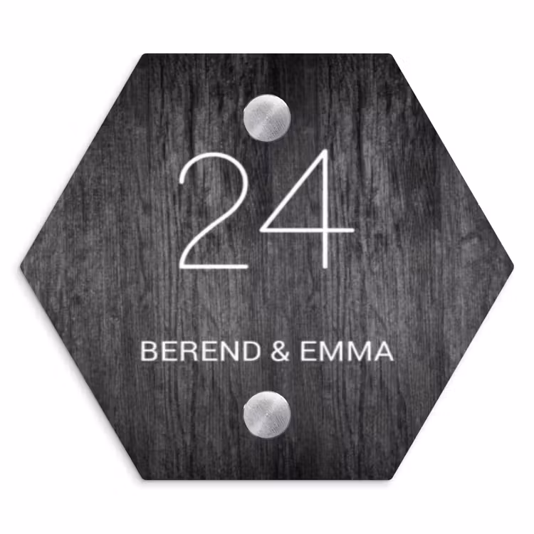 Donker hout - Klassiek Naambord Hexagon klein -3d