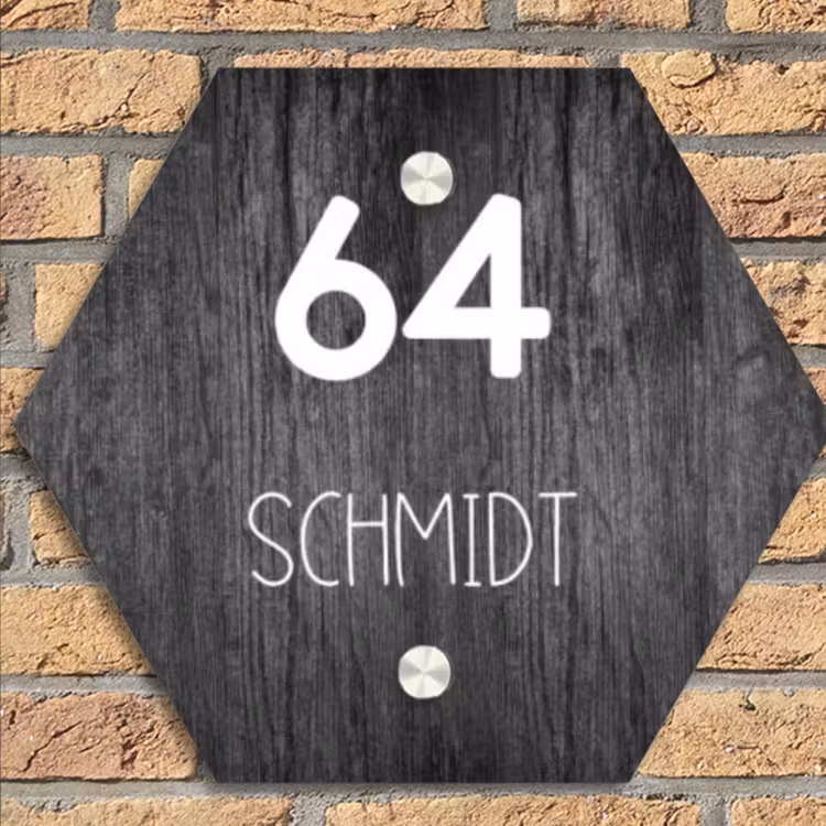 Donker hout - Modern Naambord Hexagon klein -sfeer1
