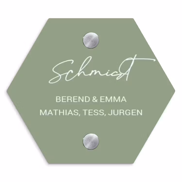 Effen olijfgroen - Sierlijk Naambord Hexagon klein -3d