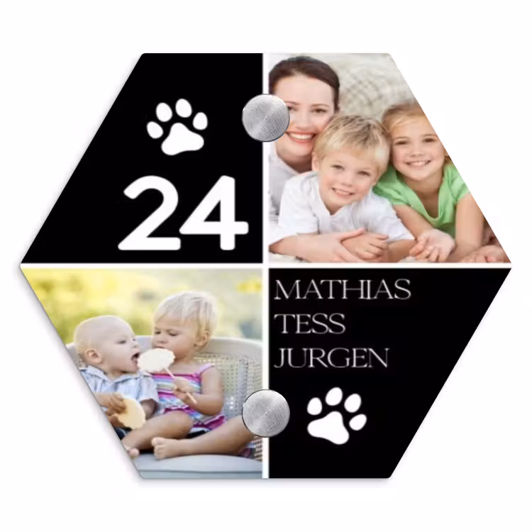 Familieportret met pootafdrukken zwart - Klassiek Naambord Hexagon klein -3d
