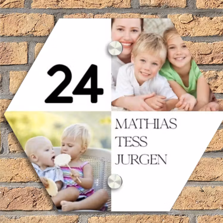 Familieportret strak - Klassiek Naambord Hexagon klein -sfeer1