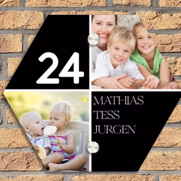 Familieportret strak zwart - Klassiek Naambord Hexagon klein -sfeer1