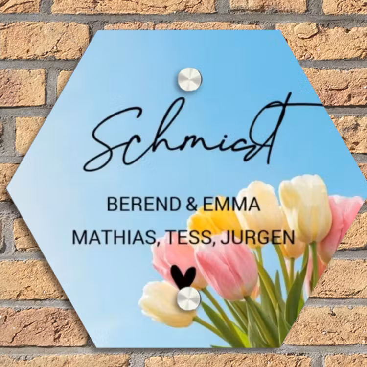 Gekleurde tulpen lucht - Sierlijk Naambord Hexagon klein -sfeer1