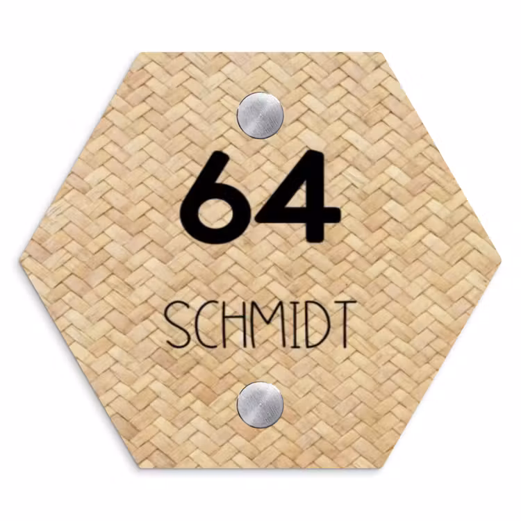 Gevlochten - Riet - Modern Naambord Hexagon klein -3d