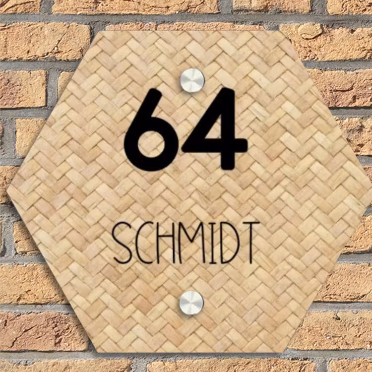 Gevlochten - Riet - Modern Naambord Hexagon klein -sfeer1