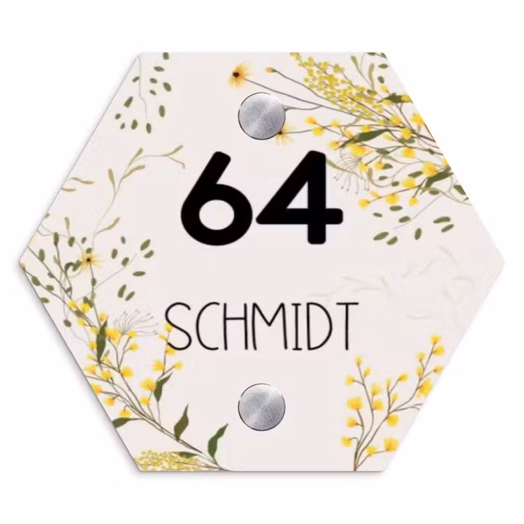 Gele bloemen - Modern Naambord Hexagon klein -3d
