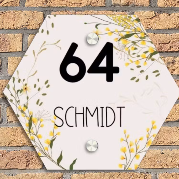 Gele bloemen - Modern Naambord Hexagon klein -sfeer1