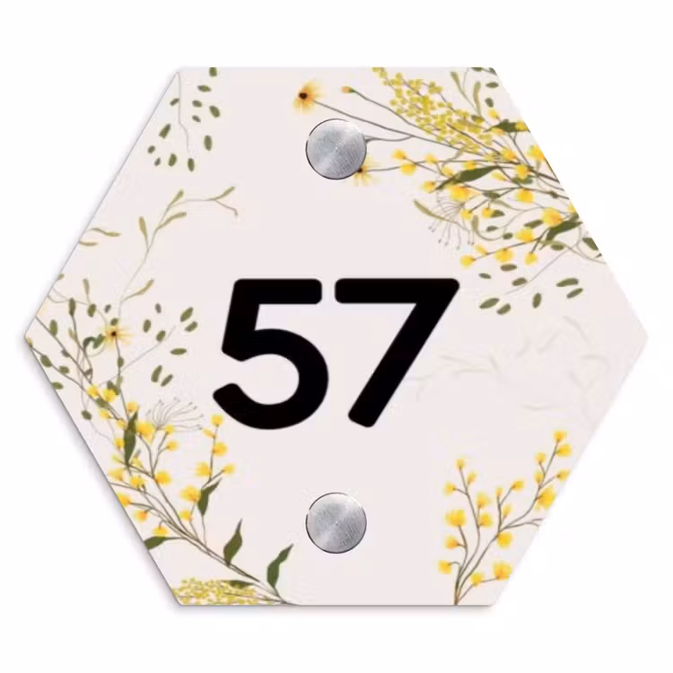 Gele bloemen - Traditioneel Naambord Hexagon klein -3d