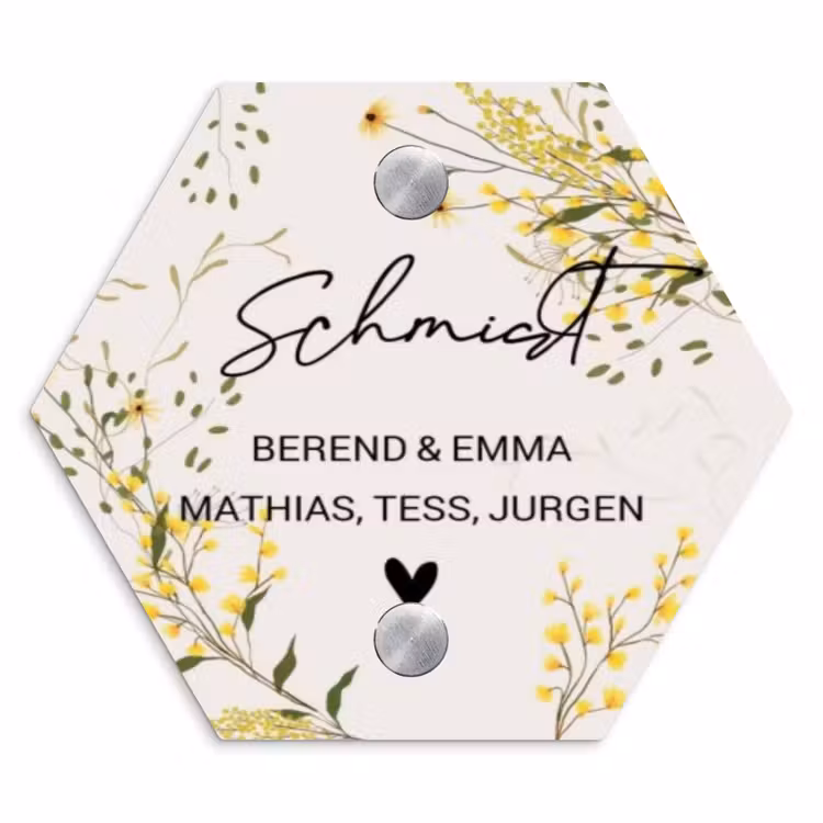 Gele bloemen - Sierlijk Naambord Hexagon klein -3d