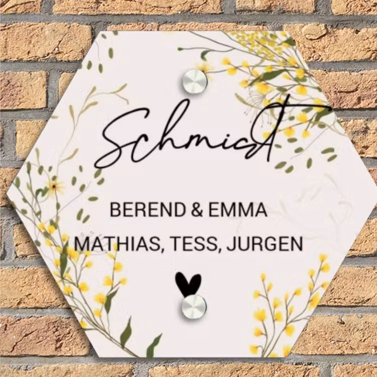 Gele bloemen - Sierlijk Naambord Hexagon klein -sfeer1
